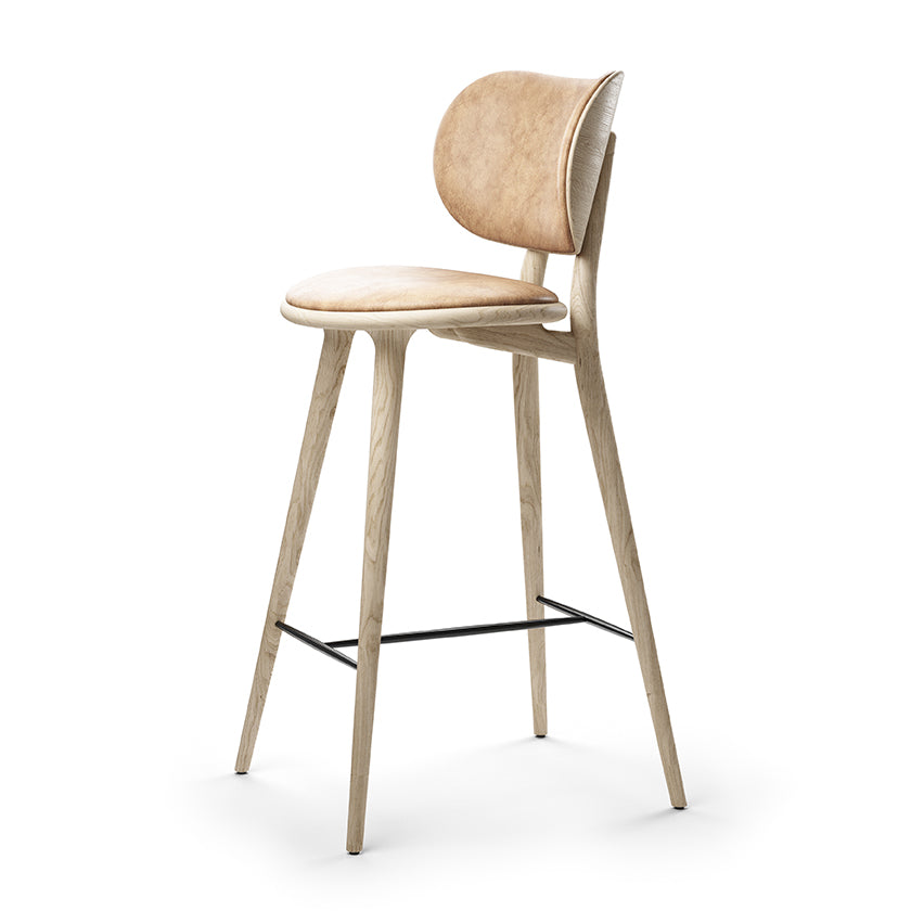 High Stool Backrest in Matt Oak with Camo Leather Pista Sand, side view